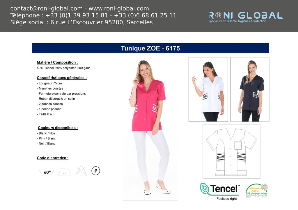 Tunique de travail noire femme manches courtes en polyester/tencel 3 poches - ZOE REMI CONFECTION