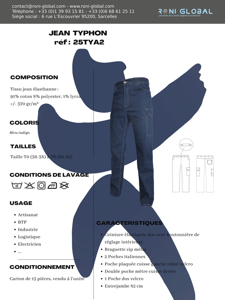 Pantalon de travail jean bleu homme en coton/polyester/lycra 5 poches - JEAN'S FLOYD PBV