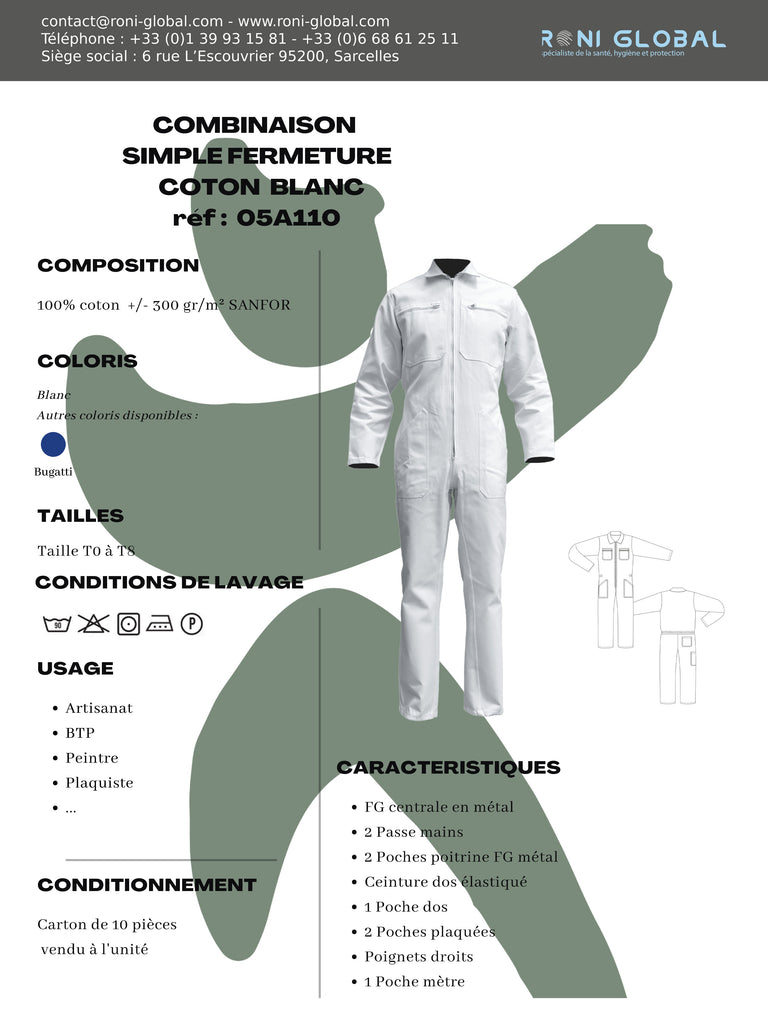 Combinaison de travail blanche en coton 6 poches - COMBINAISON SF COTON BLANC PBV
