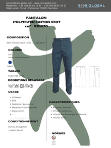 Pantalon de travail vert en coton/polyester sans métal et 4 poches - PANTALON P/C VERT US PBV