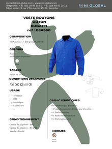 Veste de travail bugatti manches longues, en coton sans métal et 4 poches - VESTE COTON BUGATTI PBV
