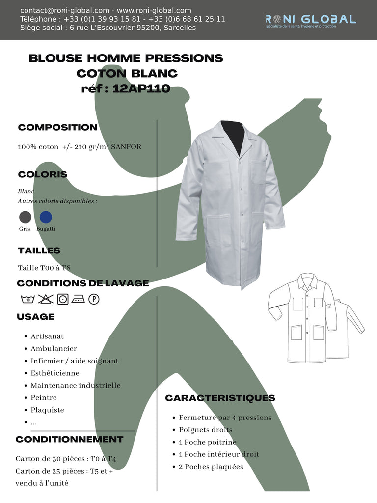Blouse de travail blanche homme manches longues en coton 4 poches - BLOUSE H. COTON BLANC PBV
