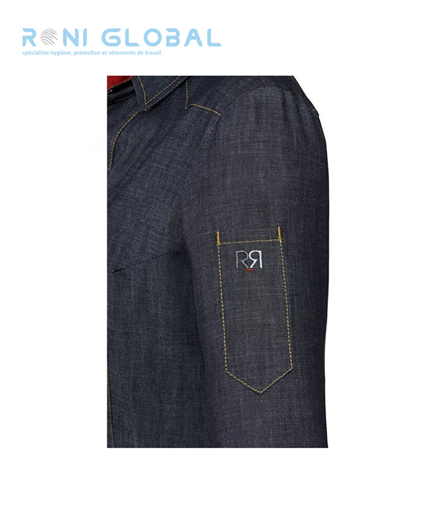 Veste de cuisine femme denim et rouge manches longues en coton 1 poche - VERVEINE ROBUR