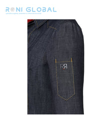 Veste de cuisine femme denim et rouge manches longues en coton 1 poche - VERVEINE ROBUR