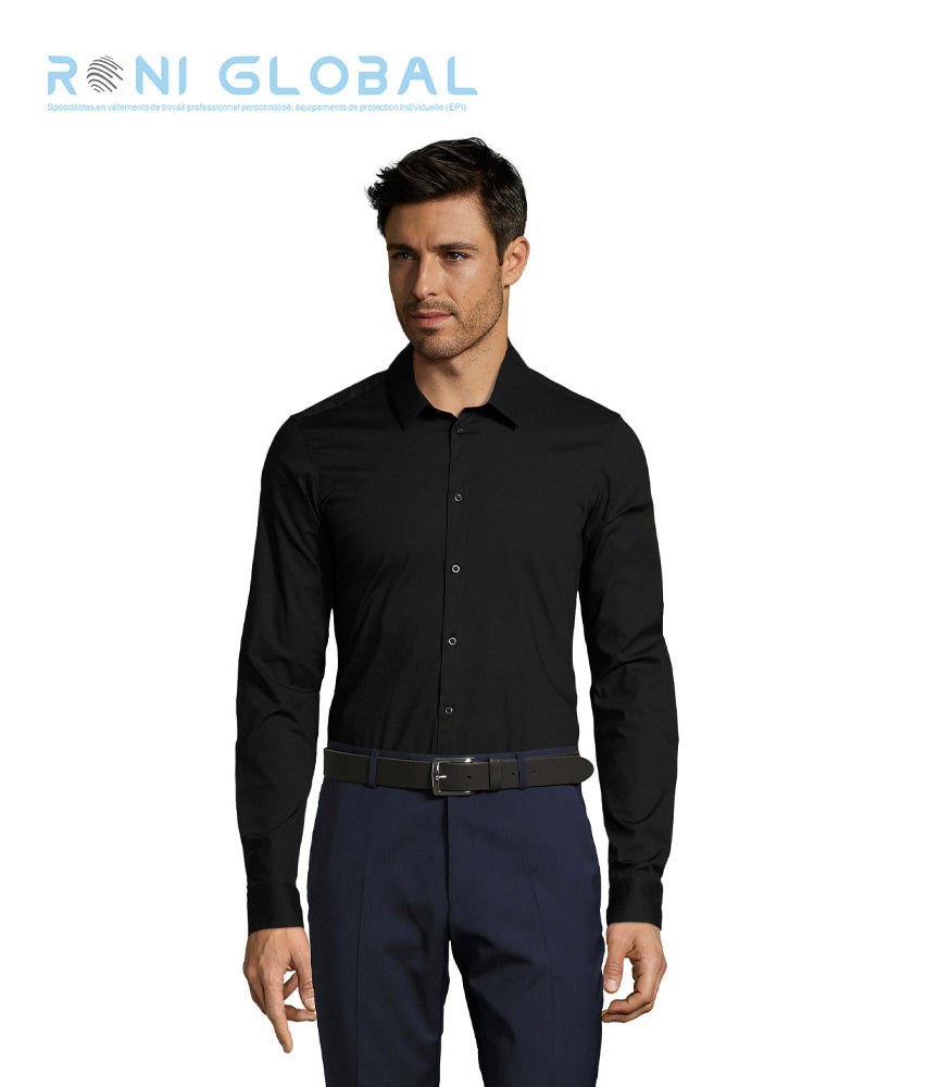 Chemise de travail homme manches longues, coupe slim, stretch, en popeline coton/élasthanne - BLAKE SOL'S