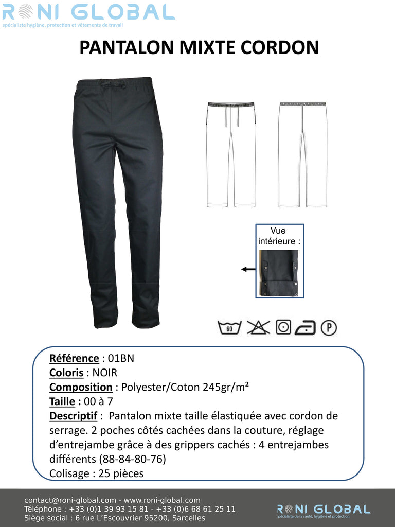 Pantalon de travail noir unisexe avec entrejambe réglable, en coton/polyester 2 poches - PANTALON PADY P/C NOIR PBV