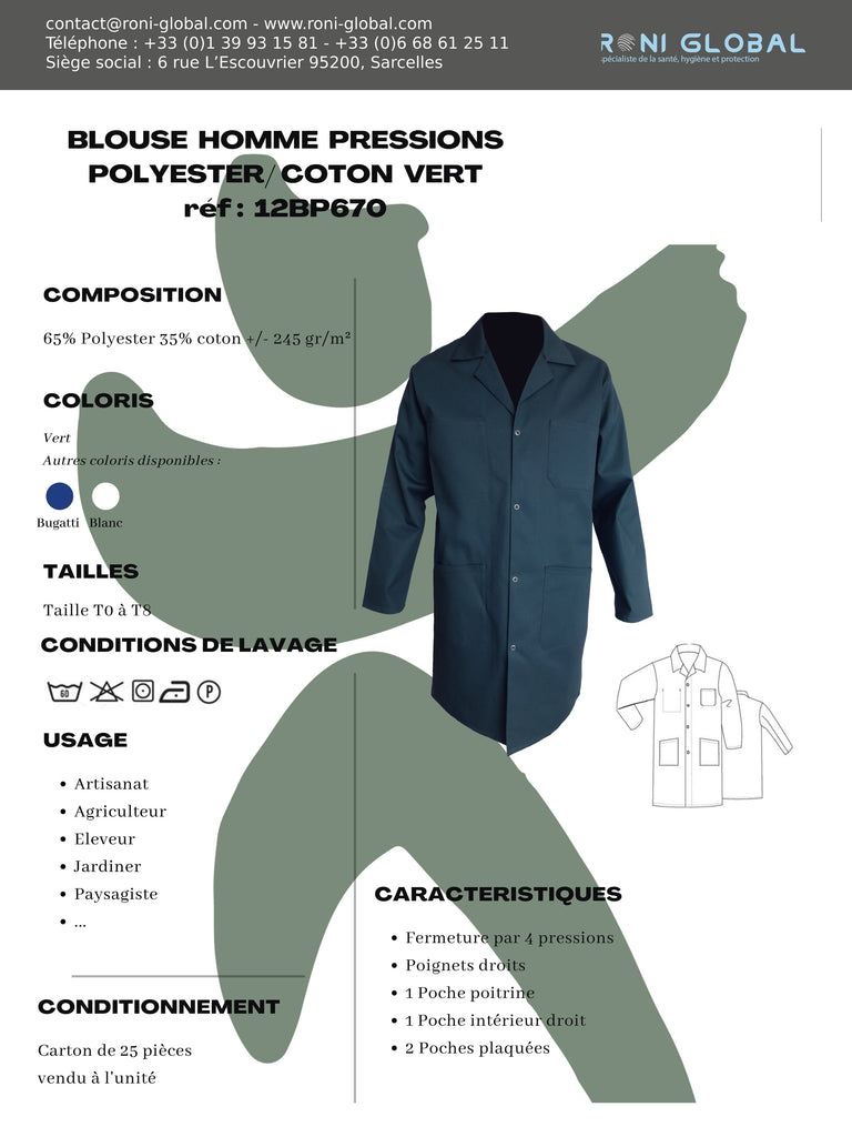 Blouse de travail verte homme manches longues, en polyester/coton 4 poches - BLOUSE H. P/C VERT PBV