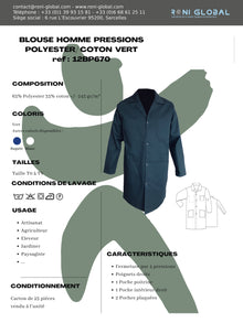 Blouse de travail verte homme manches longues, en polyester/coton 4 poches - BLOUSE H. P/C VERT PBV
