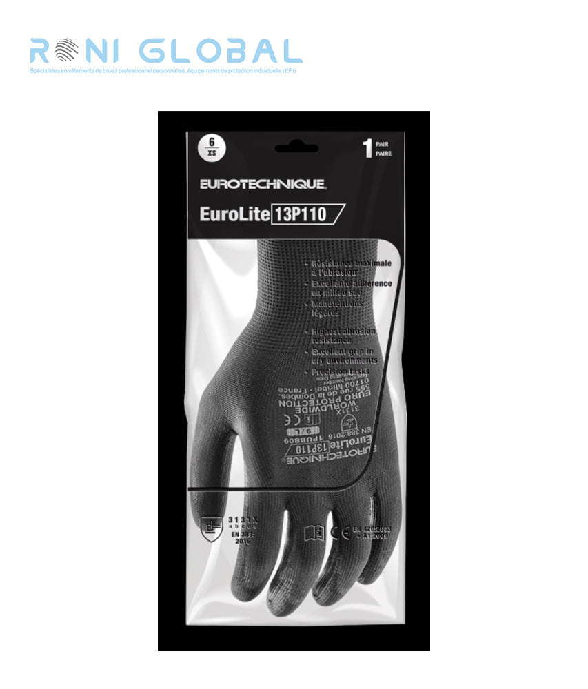 Gant de protection milieu sec en polyester enduit au PU contre les risques mécaniques manutention et précision - EUROLITE 13P110 COVERGUARD (boîte de 10 paires)