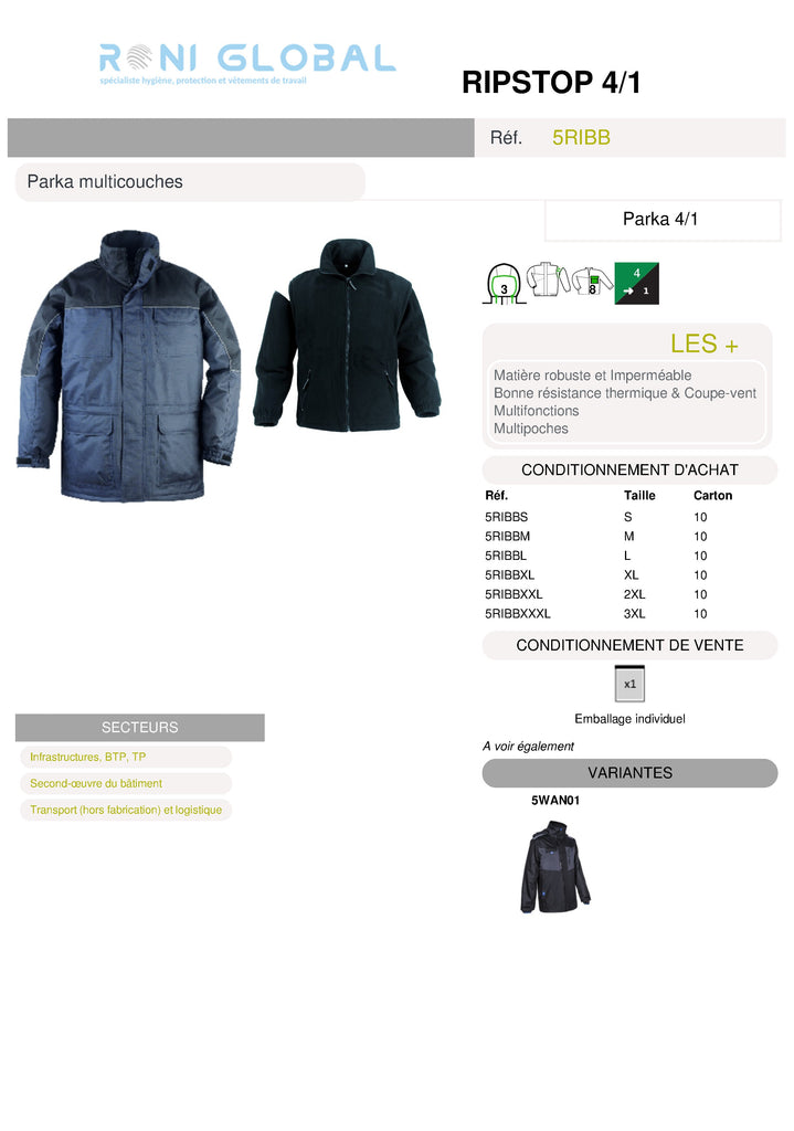 Parka de travail 4en1 coupe-vent, anti-pluie et anti-froid en polyester pongé enduit PVC 8 poches - RIPSTOP 4/1 COVERGUARD