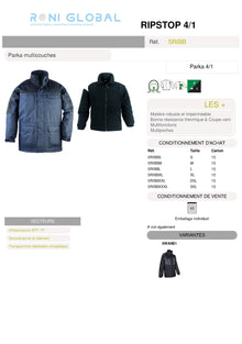 Parka de travail 4en1 coupe-vent, anti-pluie et anti-froid en polyester pongé enduit PVC 8 poches - RIPSTOP 4/1 COVERGUARD