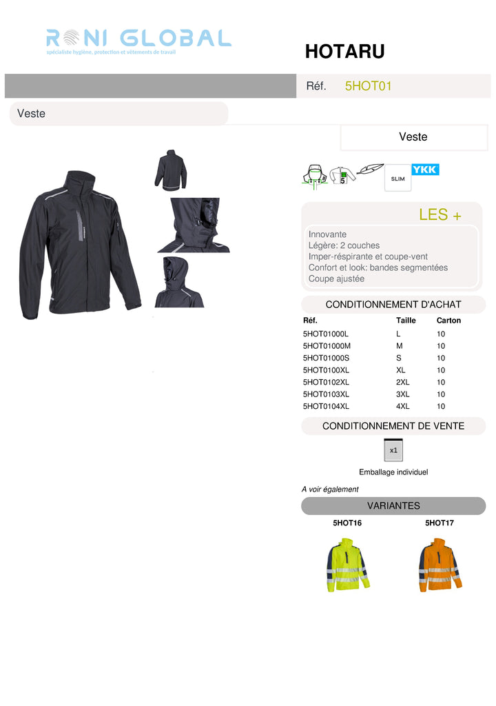 Veste de travail coupe-vent anti-pluie Softshell en polyester + membrane TPU coupe ajustée 5 poches - HOTARU COVERGUARD
