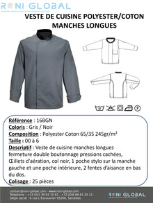 Veste de cuisine grise manches longues, en coton/polyester 2 poches - VESTE CUISINE ML PC GRIS PBV