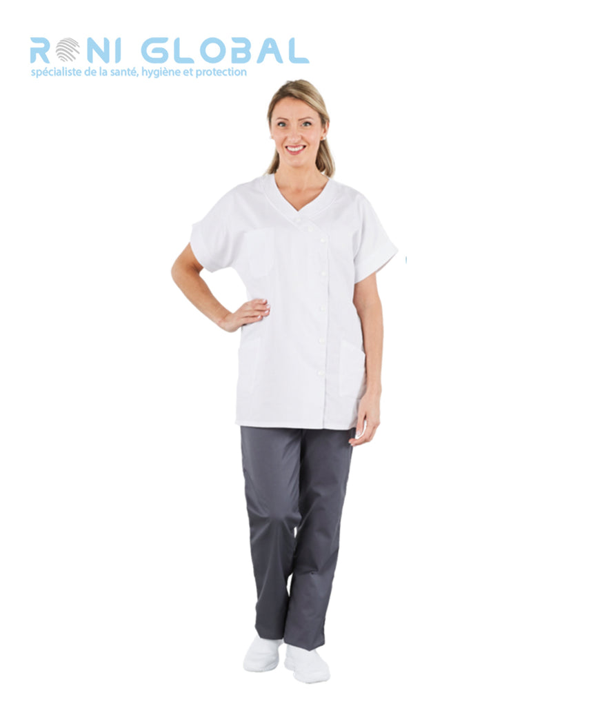 Tunique de travail blanche femme manches courtes et col en V, en coton et polyester 3 poches- TUNIQUE TAM COL V BLANC PBV