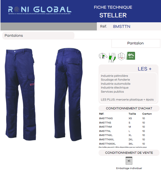 Pantalon de sécurité avec protection genoux TYPE 2, en coton et antistatique, ignifuge CLASSE 2 A1 + A2, chaleur et flammes A1+A2-B1-C1-E3-F1 et risques thermiques d'un arc électrique CLASS 1 - 4KA - STELLER COVERGUARD