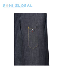 Veste de cuisine homme denim rouge manches longues en coton avec pans biseautés - VINHO ROBUR