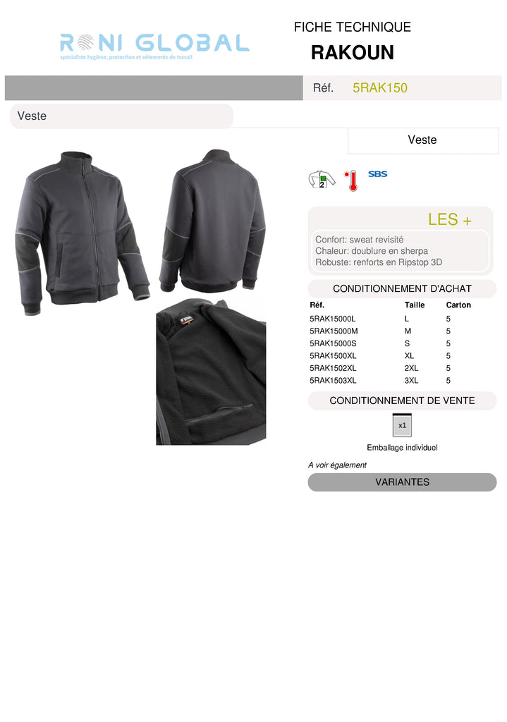 Veste de travail anthracite, anti-froid thermique en coton/polyester 2 poches - RAKOUN COVERGUARD