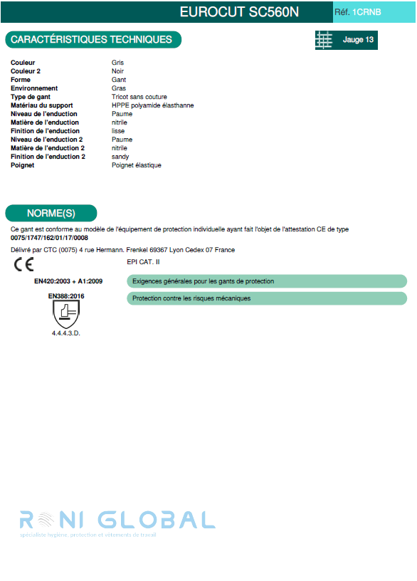 Gant de protection milieu huileux en HPPE polyamide élasthanne enduit au nitrile anti-coupure et précision CUT D - EUROCUT SC560N COVERGUARD (boîte de 10 paires)