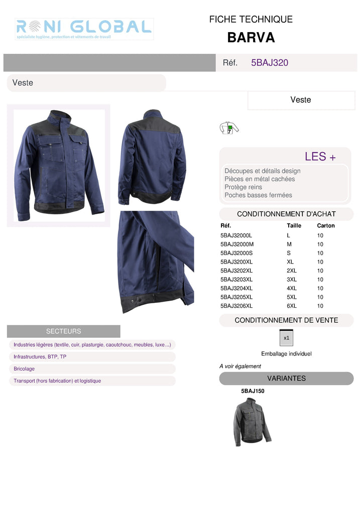 Veste de travail en coton/polyester + renforts en Oxford avec protège reins 7 poches - BARVA COVERGUARD