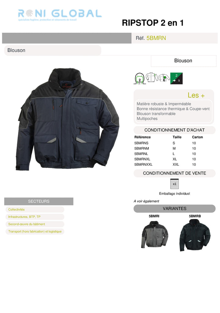 Blouson de travail 2en1 coupe-vent, anti-pluie et anti-froid en polyester pongé enduit PVC 6 poches - RIPSTOP 2 EN 1 COVERGUARD