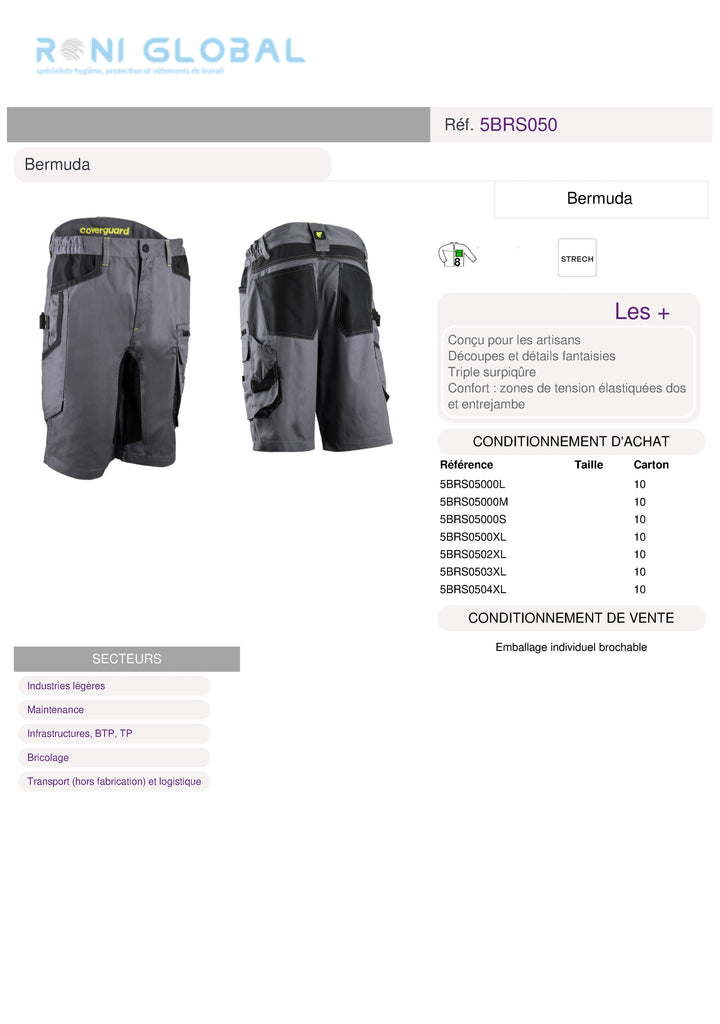 Bermuda de travail stretch gris en coton/polyester 8 poches - BARU COVERGUARD