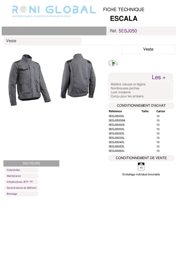 Veste de travail gris en Ripstop coton/polyester + Oxford 7 poches - ESCALA COVERGUARD