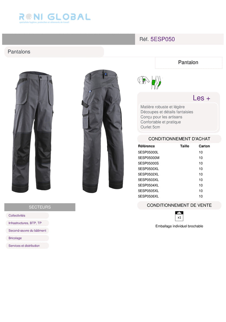Pantalon de travail avec protection genoux en coton/polyester coupe droite 7 poches TYPE 2 - ESCALA COVERGUARD