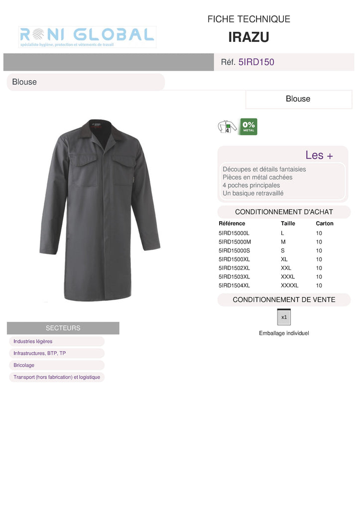 Blouse de travail en coton/polyester sans métal 4 poches - IRAZU COVERGUARD