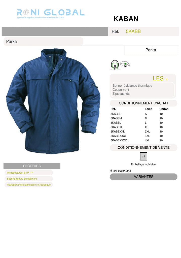 Parka de travail coupe-vent et anti-froid thermique en polyester pongé enduit PVC 5 poches - KABAN COVERGUARD