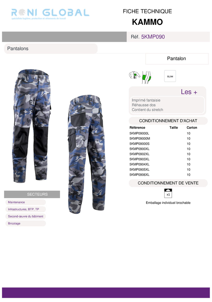 Pantalon de travail avec protection genoux type militaire couple slim en coton/polyester/élasthanne 6 poches - KAMMO COVERGUARD