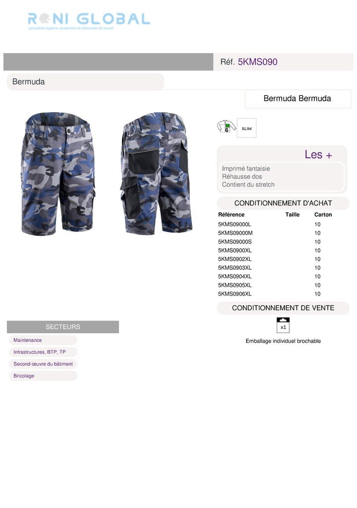Bermuda de travail stretch et slim en coton/polyester/élasthanne 6 poches - KAMMO COVERGUARD