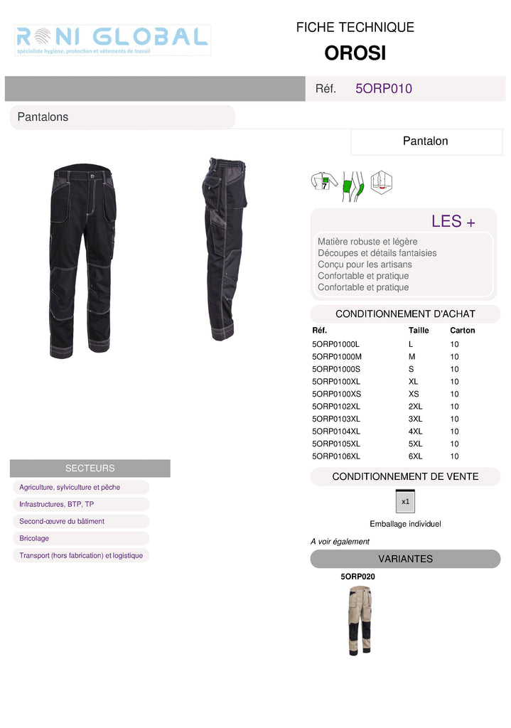 Pantalon de travail avec protection genoux en coton/polyester + renforts Oxford  7 poches TYPE 2 - OROSI COVERGUARD