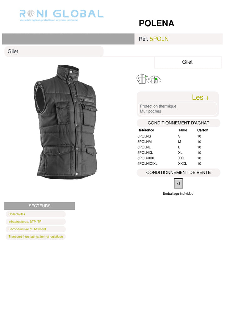 Gilet de travail thermique en coton/polyester 8 poches - POLENA COVERGUARD
