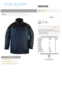 Parka de travail coupe-vent, anti-pluie et anti-froid en polyester pongé enduit PVC - RIPSTOP COVERGUARD