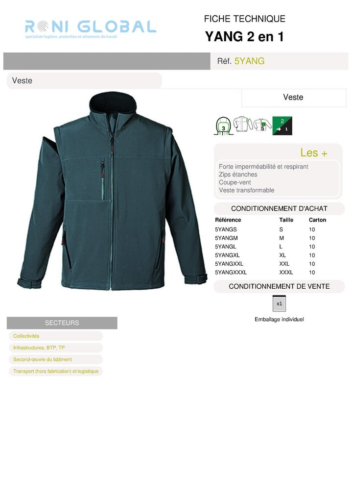 Veste de travail 2en1 coupe-vent et imperméable Softshell en polyester et élasthanne + micro polaire 5 poches - YANG 2 EN 1 COVERGUARD