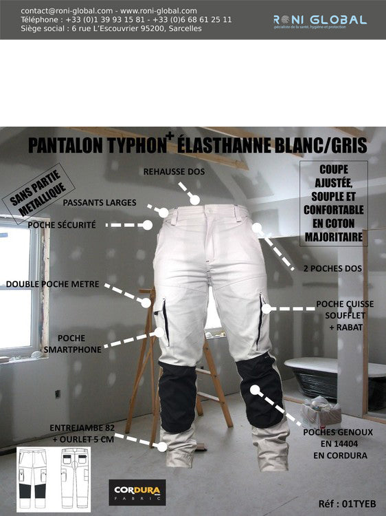 Pantalon de travail blanc avec protection genoux, en coton/polyester/élasthanne 6 poches - PANTALON PG BOB BLANC/GRIS PBV