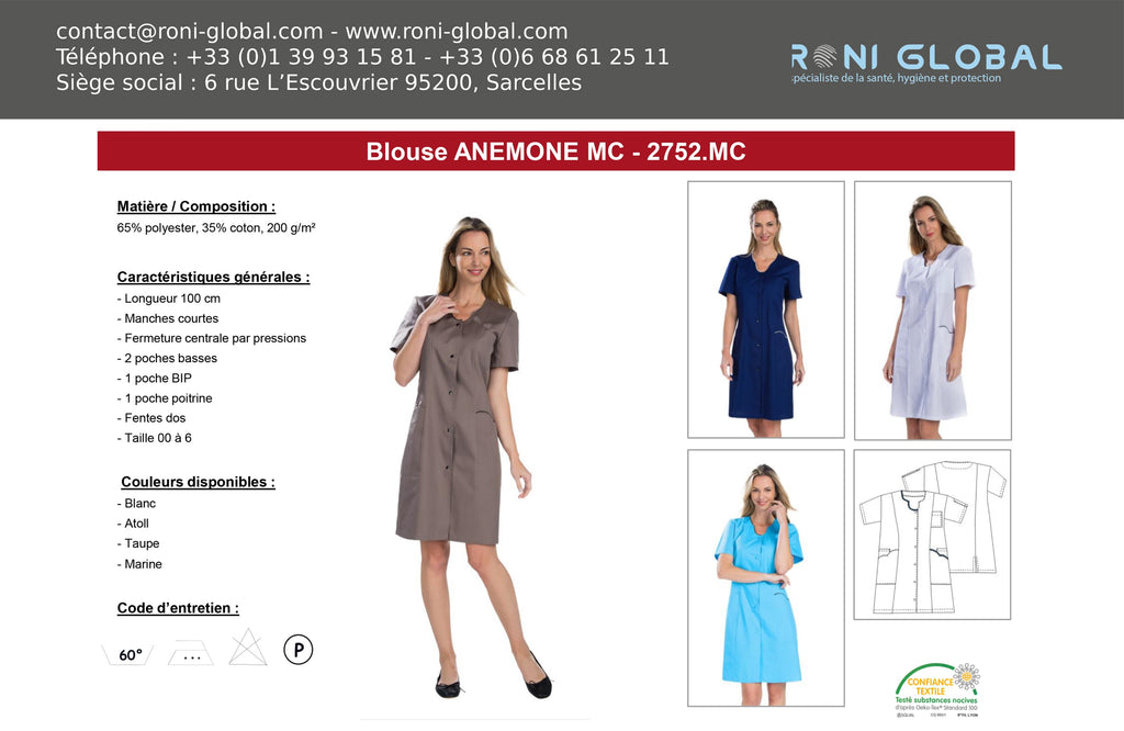 Blouse de travail femme manches courtes en polyester/coton 4 poches - ANEMONE MC REMI CONFECTION