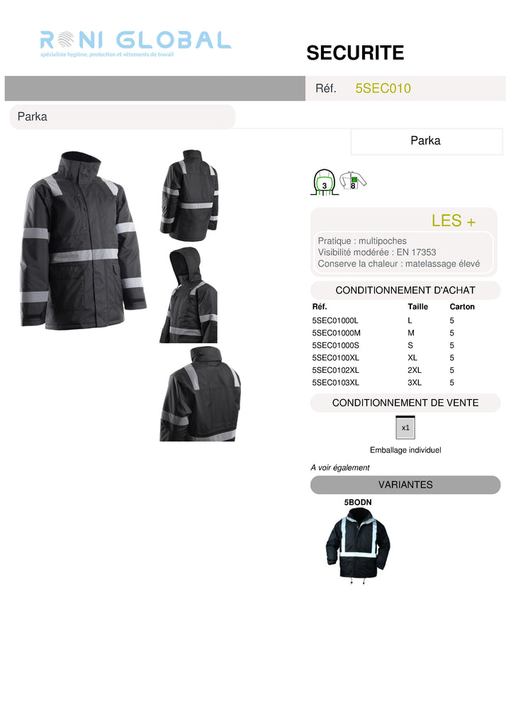 Parka de travail anti-froid et anti-pluie en polyester enduit polyuréthane 8 poches et haute visibilité TYPE B3 - SECURITE COVERGUARD