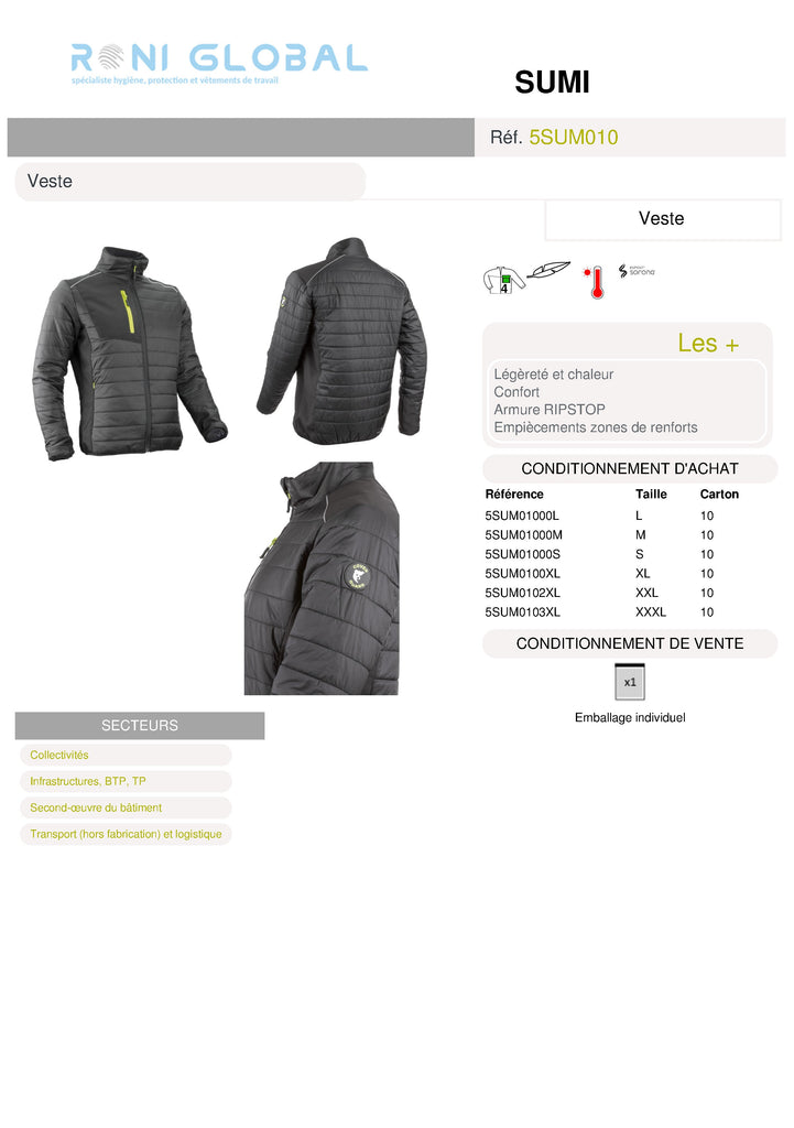 Veste de travail noire anti-froid et légère avec protège reins en nylon micro-ripstop 4 poches - SUMI COVERGUARD