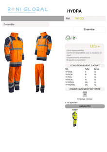 Ensemble de sécurité haute visibilité, anti-pluie en polyester et doublure mesh CLASS 3 - HYDRA COVERGUARD