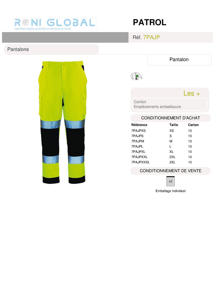 Pantalon de sécurité haute visibilité et antisalissure en coton/polyester 6 poches CLASS 2 - PATROL COVERGUARD
