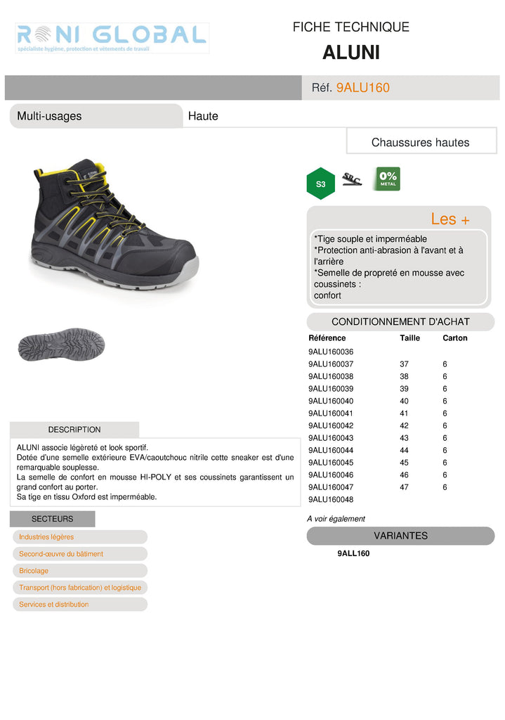 Chaussure montante de sécurité imperméable multi-usages SRC S3 - ALUNI COVERGUARD