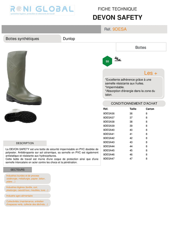 Botte de sécurité en PVC doublée de polyester S5 SRA - DEVON SAFETY COVERGUARD