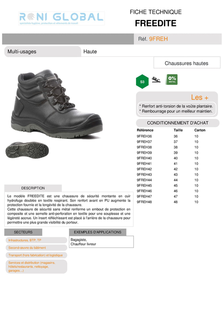 Chaussure montante de sécurité en cuir sans métal S3 SRC - FREEDITE COVERGUARD
