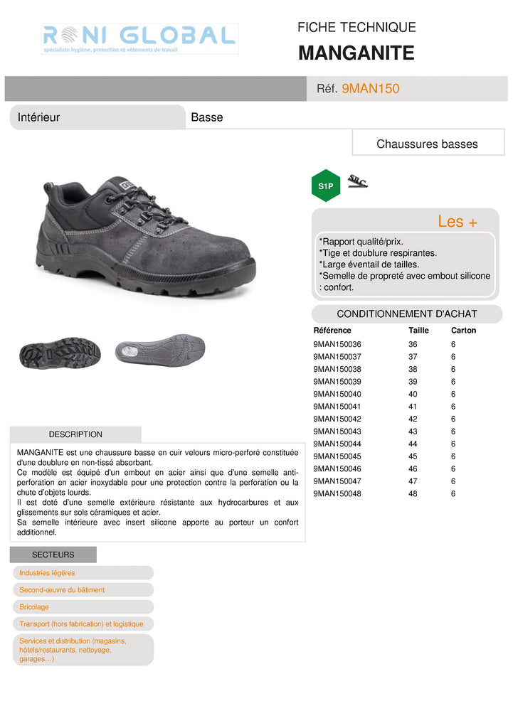 Chaussure basse de sécurité bricolage et logistique S1P SRC CE - MANGANITE COVERGUARD