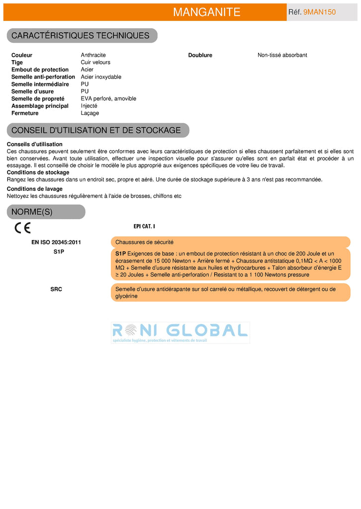 Chaussure basse de sécurité bricolage et logistique S1P SRC CE - MANGANITE COVERGUARD