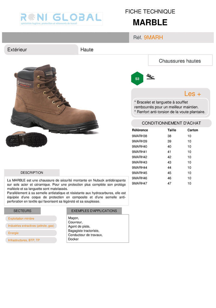 Chaussure montante de sécurité en nubuck antidérapant S3 SRC - MARBLE COVERGUARD
