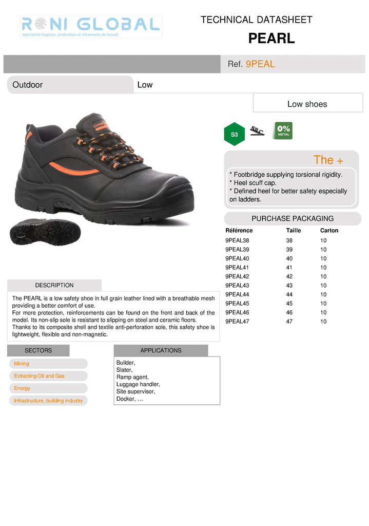 Chaussure basse de sécurité antidérapant noire en cuir pleine fleur CE S3 SRC - PEARL COVERGUARD