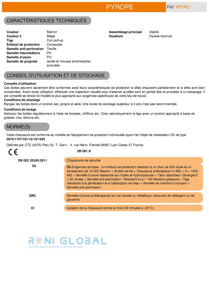 Botte de sécurité anti-perforation sans métal S3 SRC - PYROPE COVERGUARD
