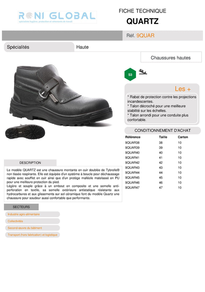 Chaussure montante de sécurité soudeur en cuir S3 SRA - QUARTZ COVERGUARD
